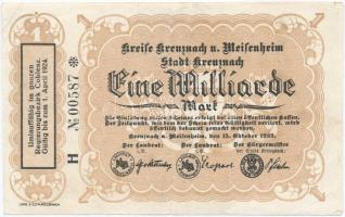 Németország / Weimari Köztársaság / Kreuznach 1923. 1.000.000.000M szükségpénz T:II-,III tűly. Germany / Weimar Republic / Kreuznach 1923. 1.000.000.000 Mark necessity note C:VF,F needle hole