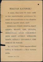 1916 A román hadsereg felhívása a magyar katonákhoz, melyben a megszállt városokat sorolja fel, kétoldalas, magyar és román nyelven, 26x17,5 cm