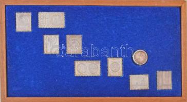 1979-1980. Az Állami Pénzverő által kiadott teljes ezüst (0.835) bélyegérem gyűjtemény fa dísztokban (8xklf) és egy kitűző T:1-,2(PP)