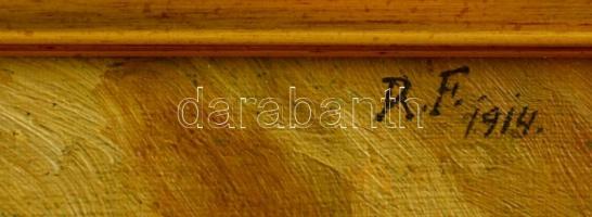 R.F jelzéssel: Házak a parton. Olaj, vászon, keretben, 22×32 cm