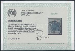 9kr HP II. dark blue, highlighted middle part. Certificate: Steiner 9kr HP II. sötétkék, kiemelt köz...