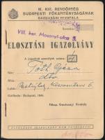 1944 Bp., A M. Kir. Rendőrség Budapesti Főkapitányságának Gazdasági Hivatala által kiállított elosztási igazolvány detektív részére