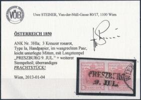 3kr HP I. rózsapiros pár kiemelt középrésszel "PRESZBURG" Certificate: Steiner 3kr HP I. r...