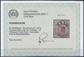 3kr HP III. világos piros "RAAB" Certificate: Steiner 3kr HP III. light red "RAAB&quo...