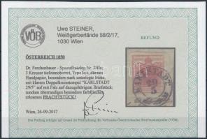 3kr HP I. mélycinnober kiemelt középrésszel "KARLSTADT" Certificate: Steiner 3kr HP I. dee...