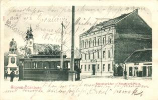 Sopron, Széchenyi tér, Steinhöfer József üzlete, villamos (r)