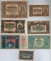 Vegyes korona tétel 7xklf bankjegy 1915-1923 közötti időszakból T:II-IV