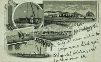 1899 Hortobágy, gulyás, csikós, delelő gulya és ménes, a Hortobágy hídja. László Albert kiadása, floral Art Nouveau litho (r)