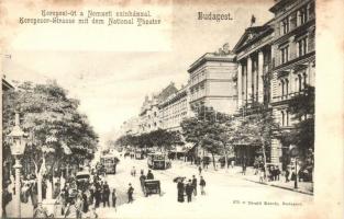 Budapest VIII. Kerepesi út (Rákóczi út), Nemzeti színház, villamosok. Divald Károly 375. sz.