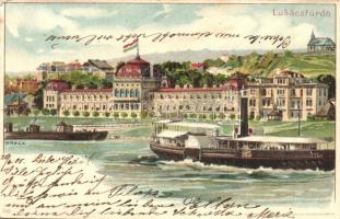 Budapest II. Lukács fürdő, gőzhajó. Art Nouveau litho s: Geiger R. (kis szakadás / small tear)