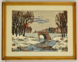 Zsille Győző (1925-):Téli táj. Színes linó, papír, jelzett, üvegezett keretben, 25×34 cm