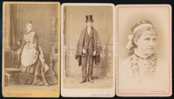 cca 1880 3 db vizitkártya méretű fotó különböző műtermekből (Doctor és Kozmata, Ellinger, Koller & Borsos), 11×6,5 cm