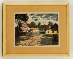 Mészáros Lajos (1925-1971): Falusi házak. Színes linómetszet, papír, jelzett, üvegezett fa keretben, 25×34 cm