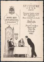 1942 Biczó András (1888-1957): Hotel Ritz Dunapalota 1942 szilveszteri menükártya, levelezőlapon, 14x10 cm.