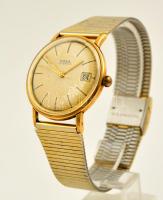 Doxa 14K arany automata karóra, modern fém szíjjal. Naptáros kivitel. Működő állapotban, d: 3,5 cm / 14 C gold Doxa automatic watch