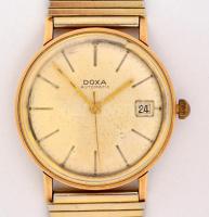 Doxa 14K arany automata karóra, modern fém szíjjal. Naptáros kivitel. Működő állapotban, d: 3,5 cm /...