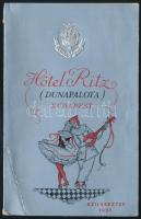 1937 Biczó András (1888-1957): Hotel Ritz Dunapalota Budapest illusztrált szilveszteri menükártya, mappa benne menülappal, magyar és francia nyelven, kissé gyűrött sarokkal,19x12 cm.