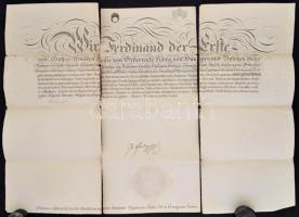1840 Georg von Seiben, a császári és királyi hadsereg huszár főhadnagyának fizetéséről szóló oklevél, I. Ferdinánd osztrák császár (V. Ferdinánd néven magyar király) papírfelzetes viaszpecsétjével, saját kezű aláírásával, német nyelven, hajtásnál három részre szakadva, 53x73 cm