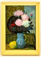 Gábor Móric (1889-1987): Virágcsendélet, olaj, falemez, jelzett, fa keretben, 47×31 cm
