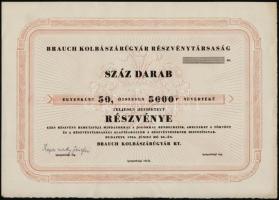 Budapest 1934. Brauch Kolbászárúgyár Részvénytársaság 100 darab részvénye egyben összesen 5000P-ről, sorszám nélkül és hiányzó aláírásokkal T:2