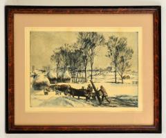 Görög Rezső (1930-): Tél, színezett rézkarc, papír, jelzett, paszpartuban, üvegezett fa keretben, 26×37,5 cm