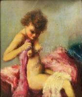 Pirhalla Nándor (1884-?): Öltözködő lány akt. Olaj, vászon, jelzett, üvegezett keretben, 34×30 cm