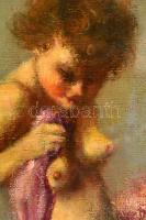 Pirhalla Nándor (1884-?): Öltözködő lány akt. Olaj, vászon, jelzett, üvegezett keretben, 34×30 cm