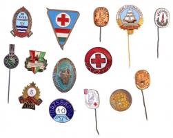 14db-os vegyes magyar jelvény és kitűző tétel a szocialista korszakból, közte "PSZV", "PTM" és "Csemege Édesipari gyár" törzsgárda jelvények, "Magyar Államvasutak szolgálatáért - 10 év" zománcozott jelvény, illetve "Véradásért" Vörös Keresztes jelvények és kitűzők T:2,2-