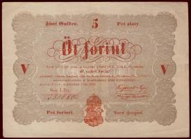 1848. 5Ft "Kossuth bankó" vörösbarna ritka hátlapi második sorban pont + pont román nyelvű variánssal , előlapon a kézzelírott sorszám után pont R! T:II