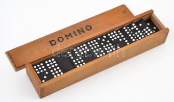 Domino készlet, fa dobozban, hiánytalan, 27x6x4 cm