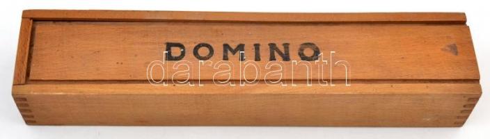 Domino készlet, fa dobozban, hiánytalan, 27x6x4 cm