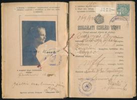 1922 Szolgálati cselédkönyv, fényképpel, okmánybélyeggel, kopottas borítóval