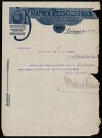 1918 Kramer Rezső és Társa Likőr, Rum és Cognacgyár díszes fejléces levele, széleinél szakadások, 29x21 cm