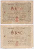 1848. 5Ft Kossuth bankó (2x) egyik vörösesbarna, másik barna nyomat T:III,III- sarokhiány Adamo G109