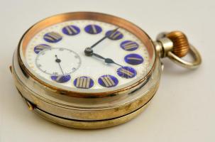 Angol porcelán számlapos óra, szép állapotban, működik, ezüst rátétes bőr tokban, jelzett, d: 6 cm