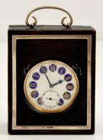 Angol porcelán számlapos óra, szép állapotban, működik, ezüst rátétes bőr tokban, jelzett, d: 6 cm