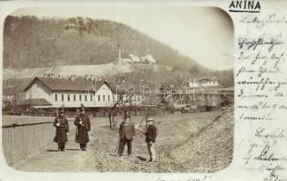 1902 Anina, Stájerlakanina, Steierdorf; vasútállomás, vagonok, csendőrök / railway station, wagons, gendarmes. photo (EK)