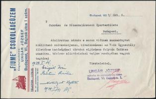 1937 Fiume csokoládéüzem, díszes fejléces levél, 15x23 cm