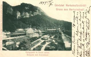 1899 Herkulesfürdő, Baile Herculane; Gyógypark és Rezső udvar. Hirsch József kiadása / Kurpark und Rudolfshof / spa