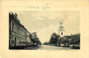 Perjámos, Periam; Kossuth Lajos utca, templom. W. L. Bp. 1327. / street view, church (EK)