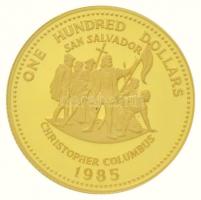 Bahamák 1985. 100$ Au "Kolombusz felfedezi Amerikát" tanúsítvánnyal, eredeti tokban (6,48g...