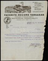 1921 Favorite-Record hanglemezgyár díszes fejléces számla, német nyelven, szélén szakadások, 28,5x20 cm