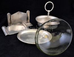 3 db fém+üveg szett terítéshez (asztali kínáló, stb.), egyik fém sérült