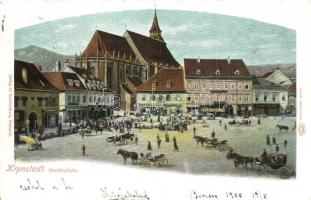 Brassó, Kronstadt, Brasov; Marktplatz / Piac tér, árusok, J. L. & A. Hesshaimer üzlete. Hiemesch kiadása / market square, vendors, shops