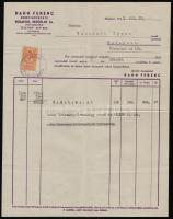 1942 Hahn Ferenc borpincészete Budafok, fejléces számla, okmánybélyeggel, 29x22,5 cm