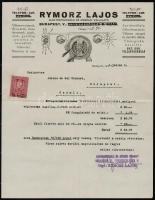 1931 Rymorz Lajos Elektrotechnikai és Műszaki Vállalata díszes fejléces számla, okmánybélyeggel, 29x22,5 cm