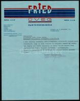 1941 Fried Üveg Nagykereskedése díszes fejléces levél, 29,5x23 cm