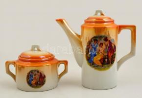 Zsolnay mitológiai jelenetes hiányos mokkás és teás készlet, matricás, kopott