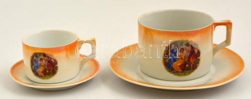 Zsolnay mitológiai jelenetes hiányos mokkás és teás készlet, matricás, kopott