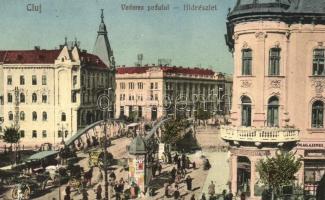 Kolozsvár, Cluj; Vederea podului / híd, Arthur Heilper üzlete, hirdetőoszlop / bridge, shops, advertising column
